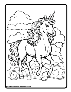 Clouds Behind Beautiful Unicorn Coloring Page