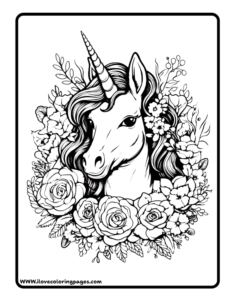 Elegant Unicorn Coloring Page with Flowers