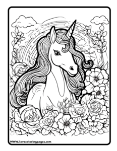 Magical Unicorn Coloring Page with Flowers